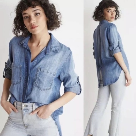 Bella Dahl Blue Chambray Split Back Button Up Top - Picture 2 of 7